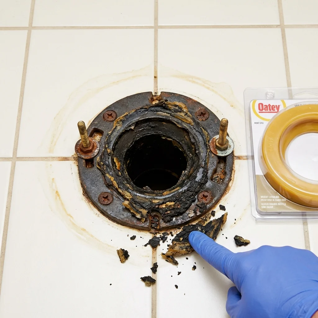 Failed wax ring showing water seepage at the base of a toilet in a Temple, PA home
